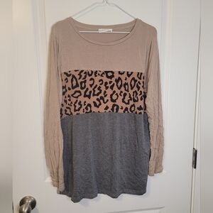 Tickled Teal Leopard Cream and Gray Colorblock Top Blouse